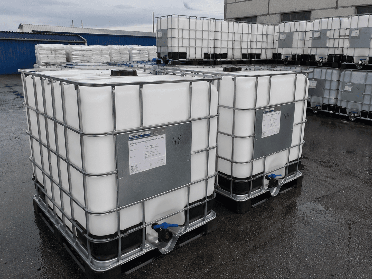 A pair of freshly reconditioned 275-gallon IBC totes at the IBC Illinois yard.