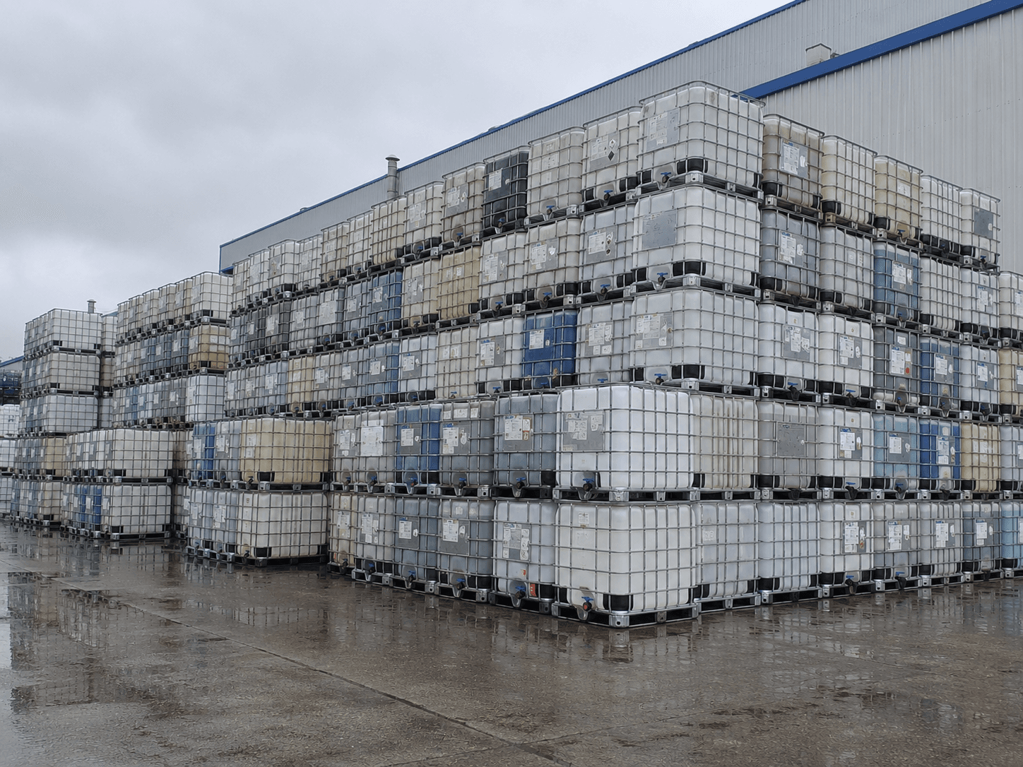 Rows of used IBC totes stacked at the IBC Illinois yard in Grand Rapids.