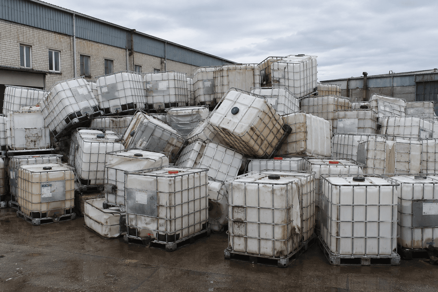 A pile of damaged IBC totes destined for repurposing or HDPE recycling.