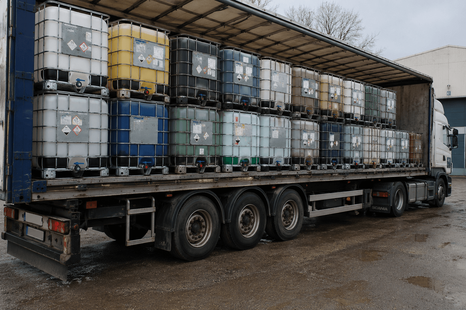 A 53-foot trailer fully loaded with IBC totes, leaving the IBC Illinois yard.