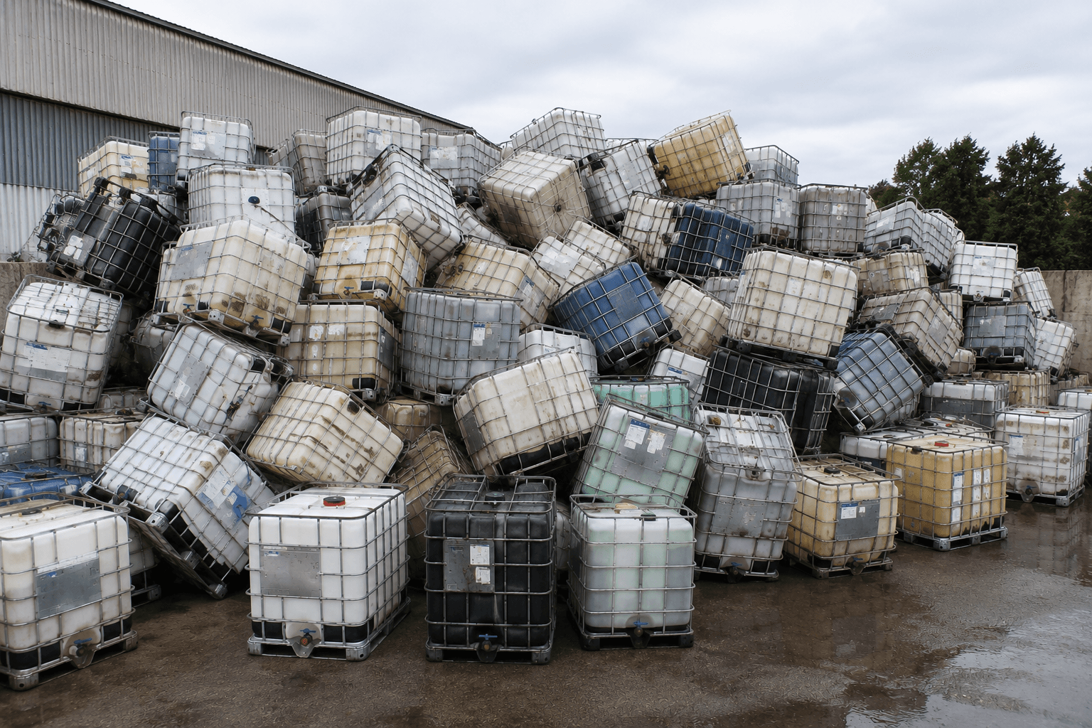 A large pile of empty IBC totes awaiting buy-back at IBC Illinois.